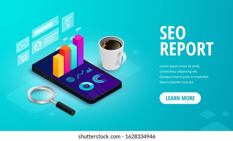 SEO report isometric web banner concept with 3d graph data on phone screen on abstract background. Marketing research, digital analytics for business. Vector illustration for mobile app, advert, web