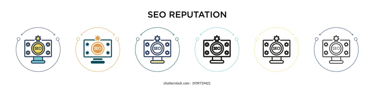 Icono de reputación de Seo en el estilo relleno, delgado, contorno y trazo. Ilustración vectorial de dos diseños de iconos vectoriales de reputación de seo de color y negro se pueden utilizar para móviles, ui, web