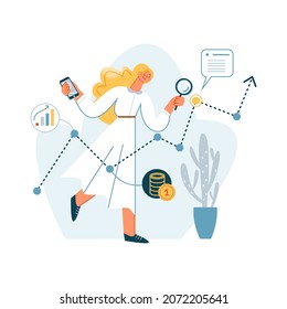 Seo research of business people vector illustration. Cartoon woman with loupe standing near report graph arrow up, doing website optimization, search success strategy. Analytics service concept