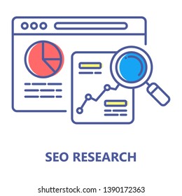 Seo research colorful line icon. Search engine optimization sign. Analysis and analitycs web page concept. Keyword search. Digital marketing symbol. Editable stroke.