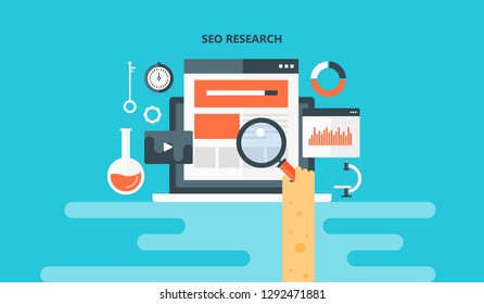 SEO Research, development, Digital marketing, Analytics, flat design vector banner illustration