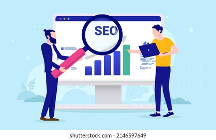 SEO research - Two people researching analytics charts and doing search engine optimisation. Flat design vector illustration