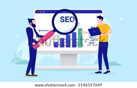 SEO research - Two people researching analytics charts and doing search engine optimisation. Flat design vector illustration