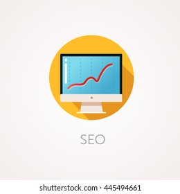 SEO result Icon. Flat design style with long shadow. Monitoring, Business promotion on Internet, Search Engine Optimization icon. Modern monitor with SEO metrics. High results. App icon