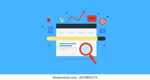 Resultados de SEO no motor de busca, Página de resultados do motor de busca ou SERP, Análise de dados de SEO, Resultado de busca orgânico - fundo de ilustração vetorial com ícones