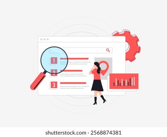 SEO results page concept. Young girl analyzing top search engine rankings. Website choices, charts and ranking icons, perfect for digital marketing and online visibility topics. Vector illustration.