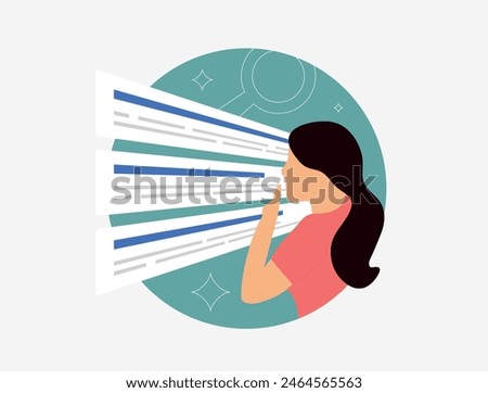 SEO results page - search engine ranking. A young girl looks at search results and chooses which website to click on. Vector illustration with icons on white background