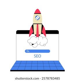 Seo Rocket Launch From Search Bar In Flat Vector Illustration Symbolizing Website Ranking, Traffic Growth, And Search Engine Optimization, Isolated On White Background