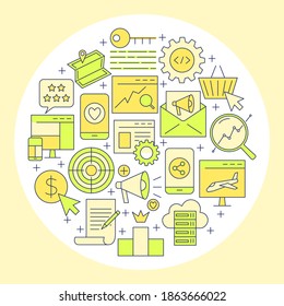 Banner de concepto redondeado SEO en estilo de línea. Afiche con iconos de optimización de motores de búsqueda. Ilustración vectorial.