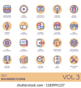 SEO rounded icon set. Keyword, strategy, consultancy, launch, integration, business solution, promotions, game development, social engagement, collaboration, hosting, benchmark, report, maintenance.