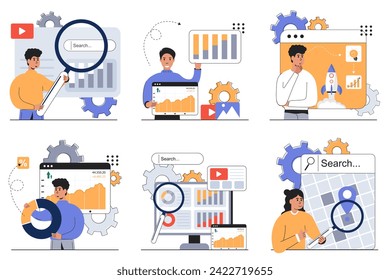 SEO scene set. Mega collections.
Mobile SEO agency, keyword ranking, alt tag optimization, website ranking, search engine optimization. Vector illustration