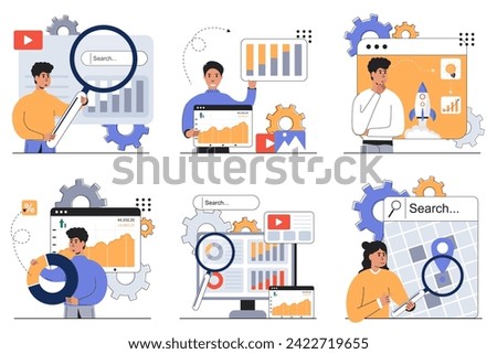 SEO scene set. Mega collections.
Mobile SEO agency, keyword ranking, alt tag optimization, website ranking, search engine optimization. Vector illustration