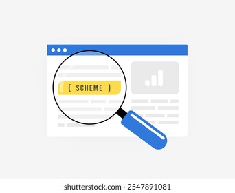 Concepto de marcado de esquema SEO: datos estructurados, optimización de motores de búsqueda, Resultados de búsqueda mejorados y visibilidad mejorada del Sitio web. Interfaz de lupa y Web con ilustración de marcado de esquema