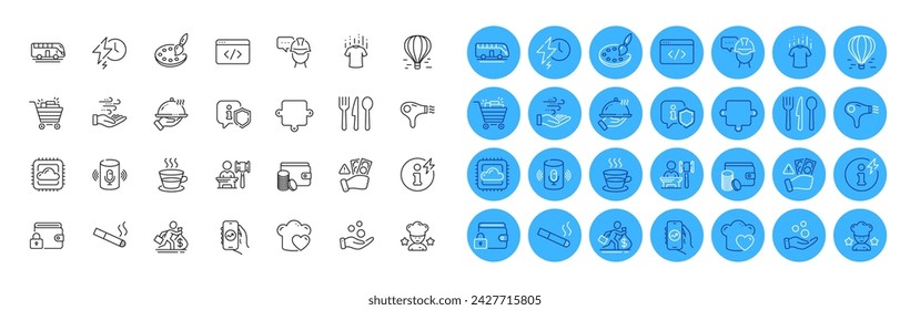 Seo script, Foreman and Wind energy line icons pack. Charging time, Auction, Dry t-shirt web icon. Bus tour, Donation money, Lock pictogram. Love cooking, Power info, Cloud computing. Vector