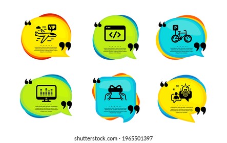 Seo script, Give present and Vip flight icons simple set. Speech bubble with quotes. Music making, Bicycle parking and Idea signs. Programming, Receive a gift, Charter airplane. Vector