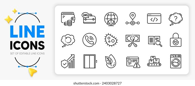 Seo script, Internet warning and Lift line icons set for app include Washing machine, Search text, Magistrates court outline thin icon. Password encryption, Cut tax. Vector