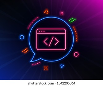 Seo script line icon. Neon laser lights. Web programming sign. Traffic management symbol. Glow laser speech bubble. Neon lights chat bubble. Banner badge with seo script icon. Vector
