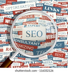 Seo. Seamless backdrop and magnifying glass.