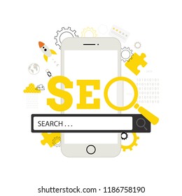 SEO. Concepto de búsqueda.  Ilustración plana moderna con smartphone y lupa. Búsqueda en línea