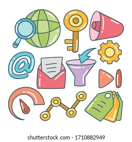 seo, motor de búsqueda e iconos de comunicación tema de color