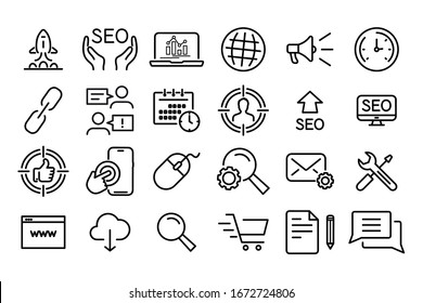 SEO Search Engine Optimisation And Marketing. Collection Modern Lines Web Icons. Editable Stroke. Search Engine Optimization, Target, Watch List, Website Stats And More