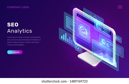 SEO or search engine optimization analytics, concept vector isometric illustration. Computer monitor with blue virtual holographic projections with graphs and charts for data analysis, landing webpage