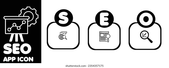 SEO (Search Engine Optimization) app icon set black and white color