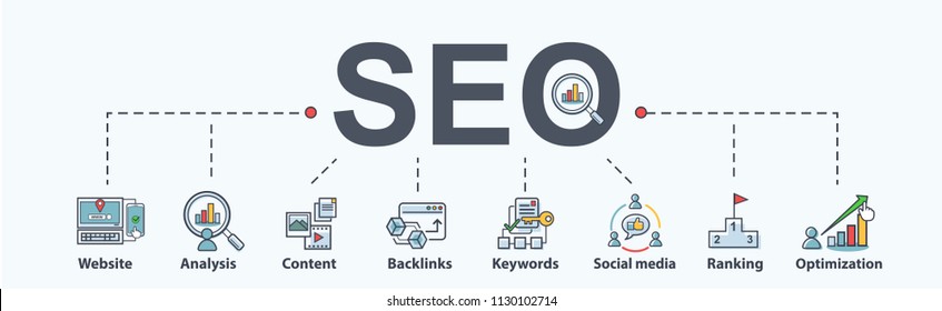 SEO search engine optimization banner web icon for business and marketing, traffic, ranking, optimization, link and keyword. Minimal vector infographic.