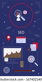 SEO - Search Engine Optimization banner web icon for business and digital marketing,. Flat cartoon vector infographic.
