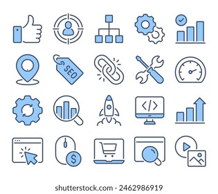 SEO Search Engine Optimización azul editable trazo contorno iconos conjunto aislado en fondo blanco Ilustración vectorial plana. Píxel perfecto. 64 x 64