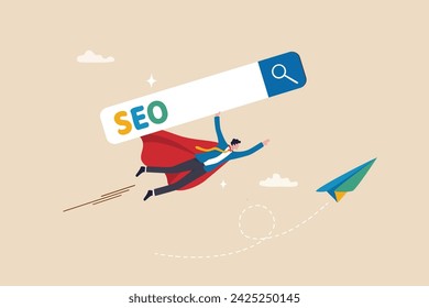 Optimización del motor de búsqueda SEO para aumentar la clasificación del sitio web en la página de resultados de búsqueda, estrategia de marketing para conducir más tráfico al concepto de sitio web, superhéroe empresario volando alto con el cuadro de búsqueda SEO.