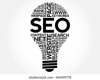 SEO (search engine optimization) bulb word cloud collage, business concept background