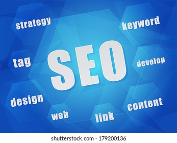 SEO, search engine optimization and business technology concept words in hexagons over blue background, flat design, vector