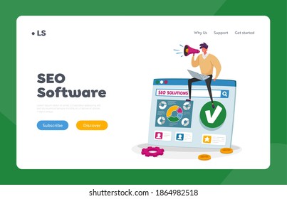 Seo, Search Engine Optimization, Business Data Analysis Landing Page Template. Tiny Male Character Sit on Huge Pc with Megaphone Analyzing Statistics Data Chart. Cartoon Vector Illustration