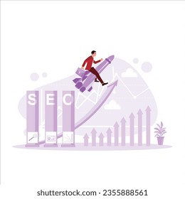SEO Search Engine Optimization, a businessman flies using a jet pet to promote his ranking on a website, Web design concept. Trend Modern vector flat illustration
