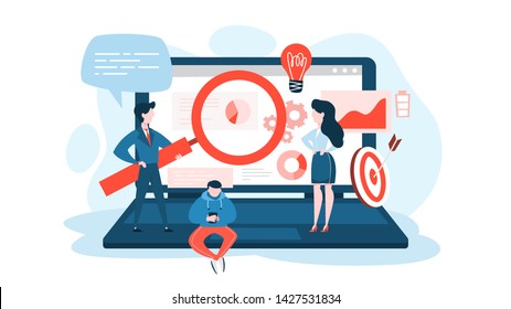 SEO or search engine optimization concept. Marketing strategy and website development. Optimize content, testing and maintenance. Vector illustration in cartoon style
