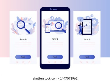 SEO Search Engine Optimization concept set. Screen template for mobile smart phone. Flat cartoon style. Vector illustration