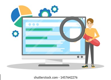 SEO or search engine optimization concept. Marketing strategy and website development. Optimize content, testing and maintenance. Vector illustration in cartoon style
