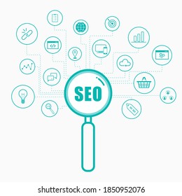 SEO search engine optimization concept. Keywords, magnifying glass and pictogram