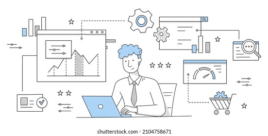 SEO, concepto de optimización de motores de búsqueda. Trabajo humano en íconos de portátiles y garabatos de mercadeo por Internet, análisis de contenido digital, clasificación y gestión, ilustración vectorial