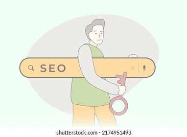 SEO - Concepto de Optimización del Motor de Búsqueda. Mejorar la calidad y la cantidad del tráfico de sitios web desde los motores de búsqueda. Un especialista en seo de estilo manual sostiene una barra de búsqueda bajo su brazo y una llave en la mano