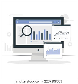 SEO - Search Engine Optimization - Concept with Laptop and Magnifying Glass - SEM, SERP, Local, Rank and Other SEO related Keywords. computer showing statistical business data charts.