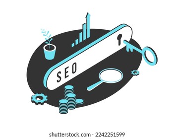 SEO - Suchmaschinenoptimierung Konzept. Digitale Marketingstrategie. Suchleiste mit Schlüsselloch und Schlüssel als Metapher für die Suche nach den richtigen Schlagwörtern und Suchfaktor, um die Website nach oben zu bringen