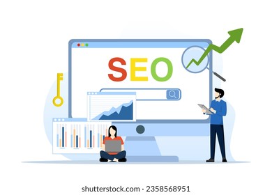 SEO or Search Engine Optimization concept, website search results, advertising or marketing to improve web ranking or user discovery concept, team analysis to optimize SEO. flat vector illustration.