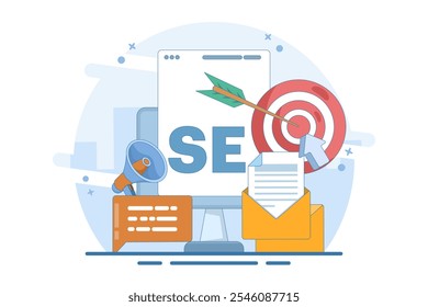 SEO Search Engine Optimization Concept. Conceptual SEO analysis and optimization, SEO strategy and marketing vector illustration for website. Modern flat design template.