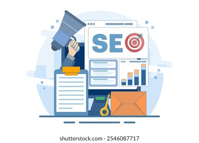 SEO Search Engine Optimization Concept. Conceptual SEO analysis and optimization, SEO strategy and marketing vector illustration for website. Modern flat design template.