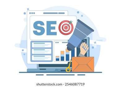 SEO Search Engine Optimization Concept. Conceptual SEO analysis and optimization, SEO strategy and marketing vector illustration for website. Modern flat design template.