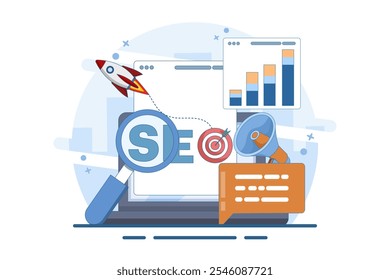 SEO Search Engine Optimization Concept. Conceptual SEO analysis and optimization, SEO strategy and marketing vector illustration for website. Modern flat design template.