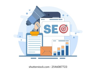 SEO Search Engine Optimization Concept. Conceptual SEO analysis and optimization, SEO strategy and marketing vector illustration for website. Modern flat design template.