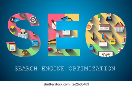SEO Search engine optimization concept with abstract designs behind. Modern conceptual and high tech background.